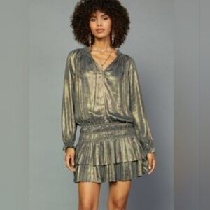 Anthropologie Current Air Gold Satin Metallic Floral Tired Mini Dress Medium
